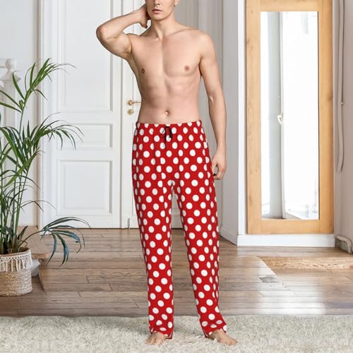 Mens Pajama Pants - White Polka Dot Bright Red Print Soft Sleep Lounge Pants For Men, Casual Pj Bottoms With Pockets2