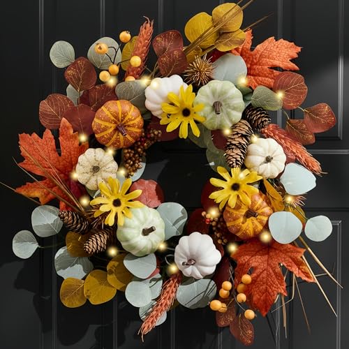 Valery Madelyn Fall Wreath with Lights for Front Door, 18" Halloween Door Wreath with White Pumpkins Silk Maple Leaves, Outdoor Fall Autumn Decorations for Home Porch Thanksgiving Harvest Table Decor Valery Madelyn Fall Wreath with Lights for Front Door, 18" Halloween Door Wreath with White Pumpkins Silk Maple Leaves, Outdoor Fall Autumn Decorations for Home Porch Thanksgiving Harvest Table Decor