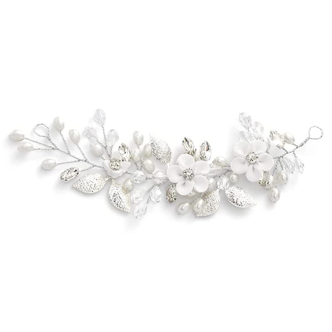 Diadema para novia con diseño de flores color plateado y perla No.8