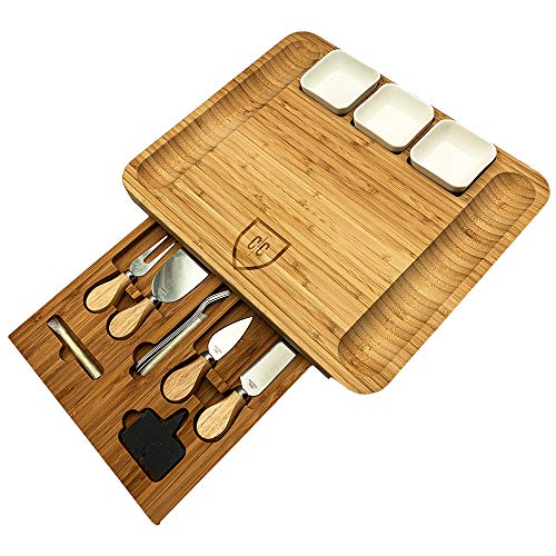Carnivore Club Bamboo Charcuterie Board Set - Extra-Large Modern Rectangular Serving Platter with Cheese Knives, Ceramic Bowls, Slate Markers & More