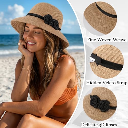 Sombrero de paja para mujer con flores crochet miniatura 3