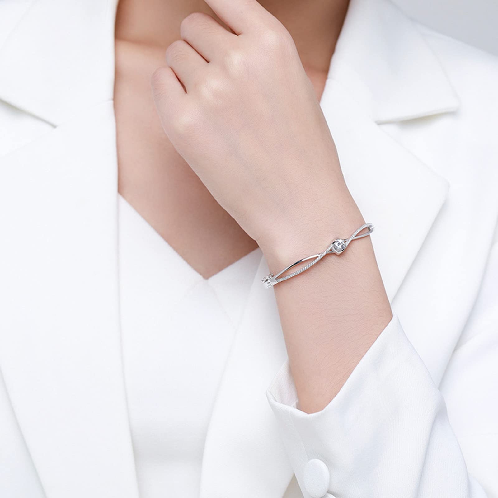 ZH1YFD Braccialetti rigidi in Argento Sterling Doppie Linee Croce con Braccialetti con zirconi cubici in Gioielli da Donna