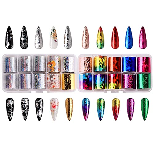 Makartt 2pcs Nail Foil Glue Gel with 20pcs Colorful Holographic Flower Print Nail Foil Sheets Kit, Nail Transfer Stickers Foil Adhesive for DIY Nail Art Designs (15ML)