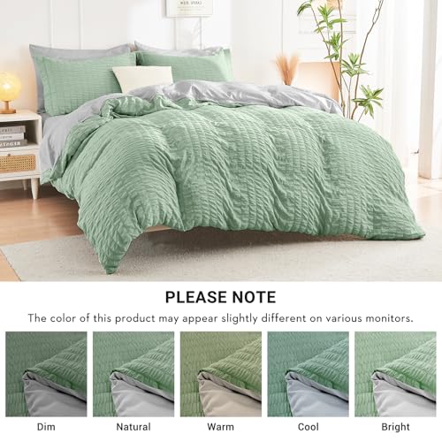 Image of HYMOKEGE Sage Green /Light Grey Full Size Comforter Sets Seersucker 7 Pieces, All Season Luxury Bed in a Bag for Bedroom, Bedding Set with Comforter, Sheets, Pillowcases & Shams