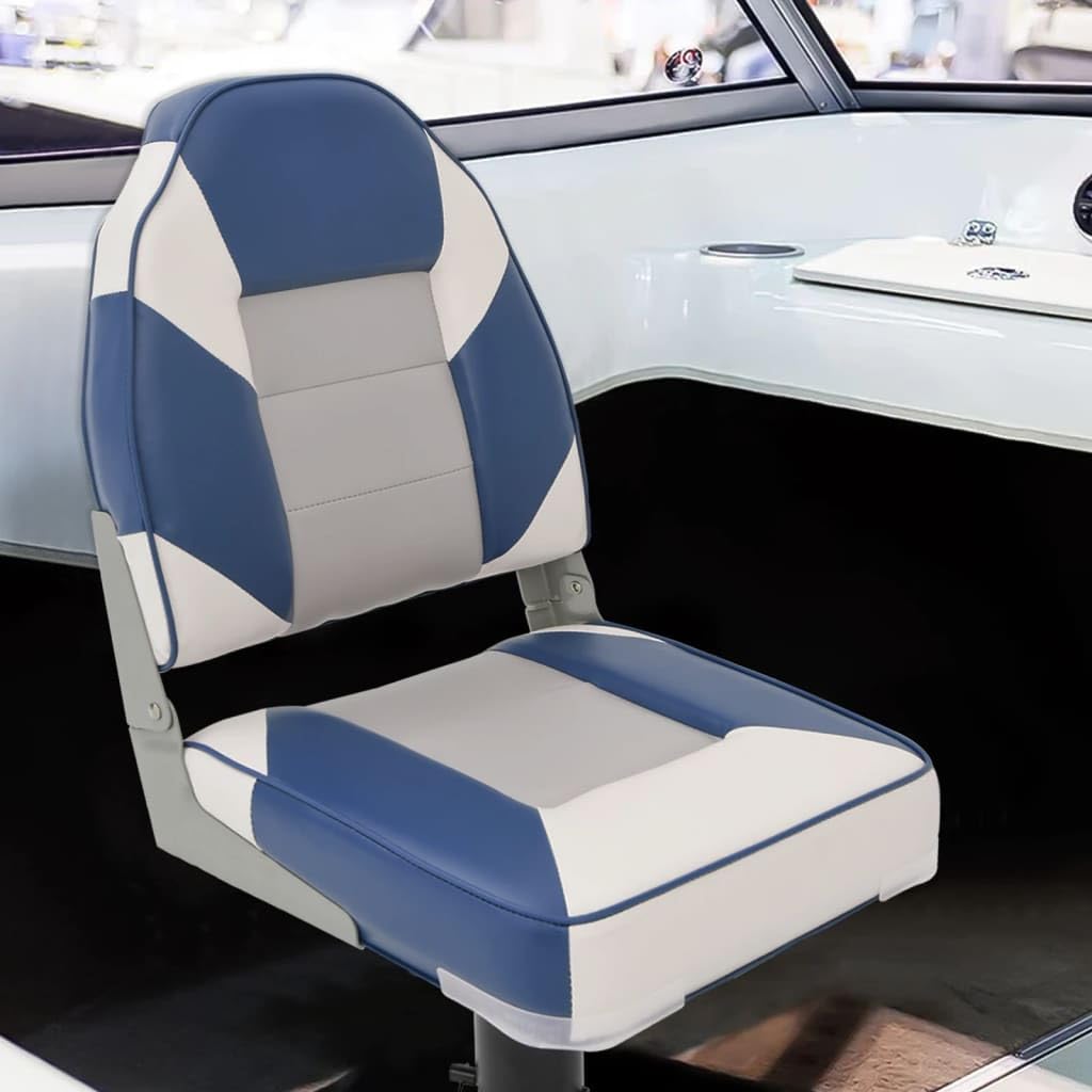 Juego de 2 asientos para barco con pedestal, altura regulable y giratorio 360°, asiento de control plegable para barco de pesca, blanco y azul, marco de aluminio robusto