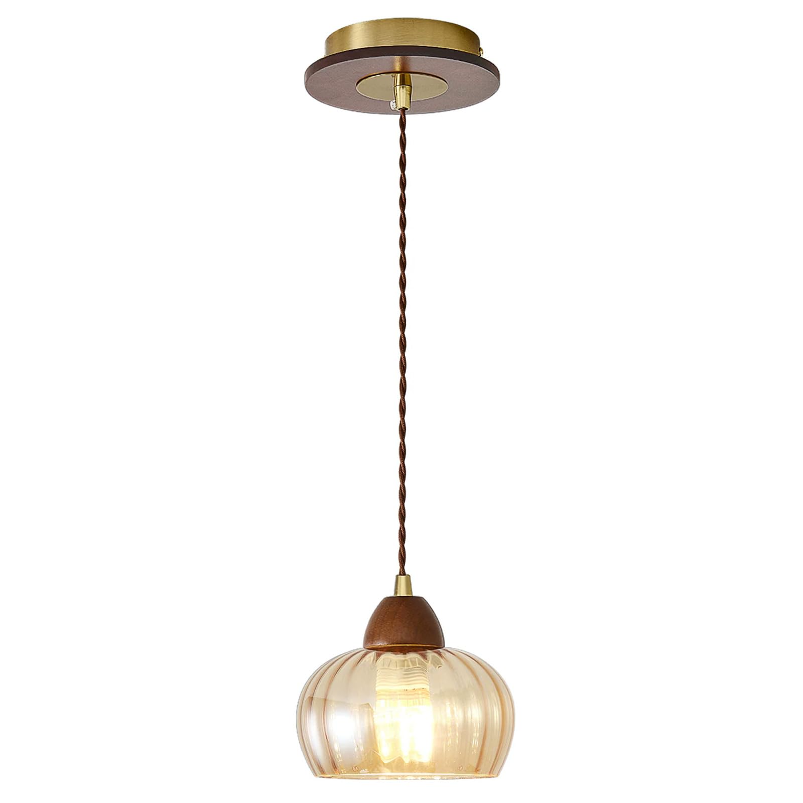 HUAYUSEDF Adjustable Mini Chandelier, Vintage Wood Ceiling Pendant Lighting Fixture with Hand Blown Glass,Minimalist Bedside Lamp Kitchen Island Hanging