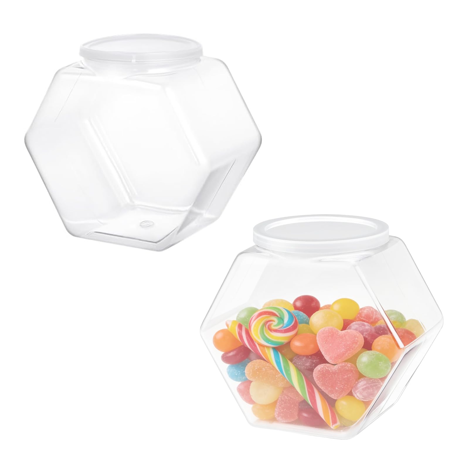 MDPUTY 2 PCS Candy Jar with Lid, Sweet Jars Hexagon Plastic Jars Wide Round Mouth Containers for Dry Food Cookies Cereal Snack Dog Food Coffee