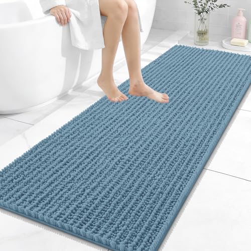 Image of OLANLY Long Bathroom Rugs Runner 59x24, Thick Soft and Absorbent Chenille Bath Mat, Non-Slip, Machine Washable Quick Dry Bath Rugs for Tub Shower Floor, Home Decor Accessories, Airy Blue