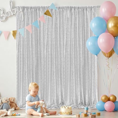 Image of Silver Sequin Backdrop Curtains-2 Panels 2FTx8FT Silver Backdrop for Valentines Day, Glitter Party Decorations Background Drapes for Wedding Birthday Anniversary Graduation Photo Booth Decor