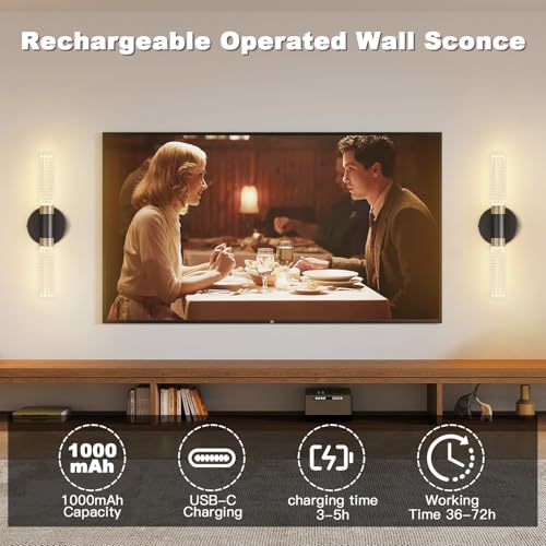 Image of 16 Inch Black Gold Crystal 10000mAh Battery Wall Sconce | 10000mAh detachable battery, remote dimmable timer memory, wire-free crystal decor light for bedroom living room