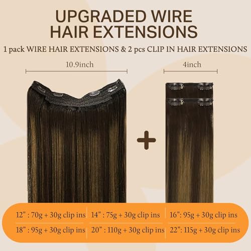 Image of DOORES Wire Hair Extensions, Balayage Dark Brown to Chestnut Brown 18 Inch 95g Fish Line Weft Extensions and 2pcs 30g Clip ins, 100g Invisible Wire Real Human Weft Seamless Hairpiece