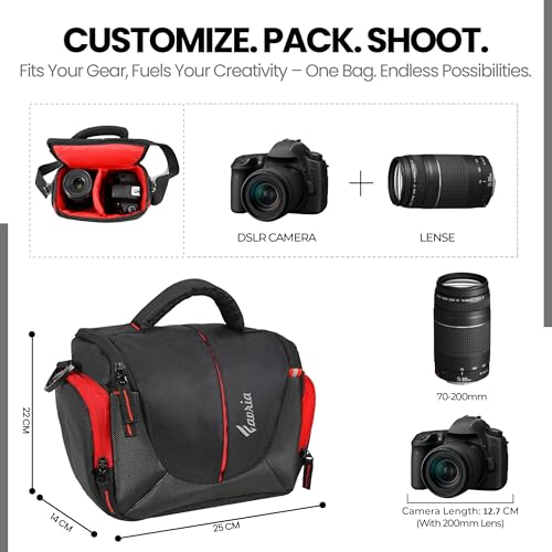 Image of Favria Camera Bag for DSLR & Mirrorless - Fits Nikon, Canon, Sony - Camera Bag for Travel - Shockproof Sling Case for Lens - Water-Resistant Compact Photography Bag (Black Red)