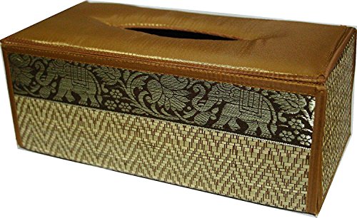Topmost N-9001, Handmade Thai Woven Straw Reed Rectangular Tissue Box Cover with Silk Elephant Design 5x3.7x10.2 Inch, Gold