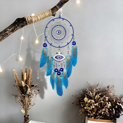 Blue Evil Eye Dream Catcher Handmade Feather Evil Eye Dream Catchers Dream Catchers for Adults,Nazar Amulet Wall Hanging Home Protection and Blessing Decor (Blue Evil Eye Dream) - Image 3