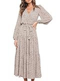 PRETTYGARDEN Womens Spring Long Sleeve Wrap V Neck Ruffle Floral Maxi Dress Casual Tie Waist Boho Chiffon Flowy Long Dresses(Apricot,Medium)