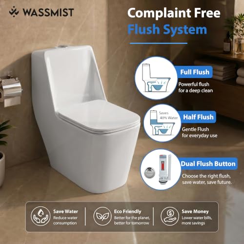 Image of WASSMIST Commode Toilet | One Piece Western Toilet for Bathroom with 10 Year Glaze Warranty | PP Soft Close Seat Cover | 225 mm S Trap