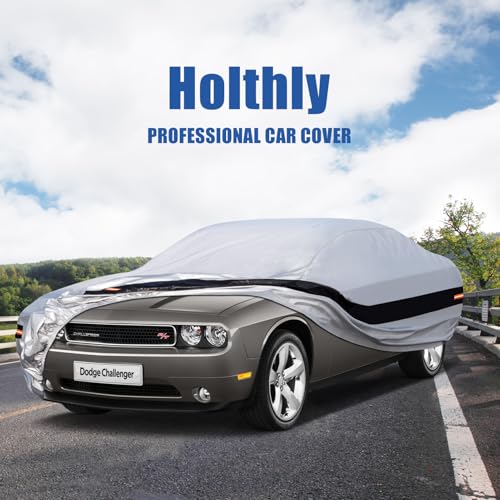 Image of Holhtly Car Cover Custom Fit for Dodge Challenger, Car Covers for Automobiles All Weather Waterproof Sun Snow Rain Wind Dust Protection, Outdoor Car Cover Gray & Black