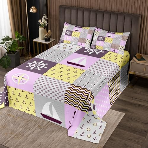 Castle Fairy Nautical Plaid Coverlet Set Queen Size,Cute Anchor Rudder Ship Durable Bedspread for Girls Teens,Purple Yellow Geometric Patchwork Soft Polyester Quilt Set, with 2 Pillowcases