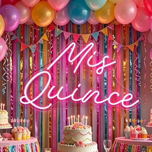 Image of Mis Quince Neon Sign 19.5inches 15th Birthday Party Decor, Customizable Quinceanera Neon Light with USB Power, White LED Wall Art for Living room, Bedroom, Unique Gift for Girls-Pink