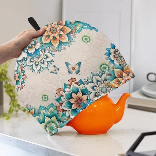Image of Tea Cozy Tea Pot Cosy Insulating Thermal Tea Kettle Quilt Breakfast Warmer Thick Wadding Teapot Warmer for Teapot Decor Home Kitchen Decoration, Boho Flower Butterfly