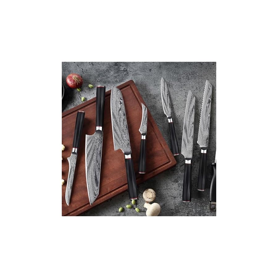 9-Pcs-Quality-Damascus-Steel-Kitchen-Knives-Set-High-Carbon-Super-Sharp-Chef-Knife-Set-Premium-Stainless-Steel-Knife-Set-Ergonomic-Design-Black-Minimalist-Design-Handle-Dishwasher-Safe 9 Pcs Quality Damascus Steel Kitchen Knives Set High Carbon Super Sharp Chef Knife Set Premium Stainless Steel Knife Set Ergonomic Design Black Minimalist Design Handle Dishwasher Safe