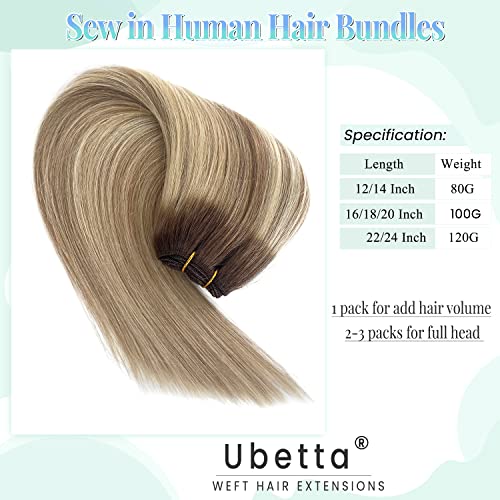 Image of Sew in Hair Extensions Real Human Hair, 14 Inch 80G Weft Hair Extensions Human Hair Hand Tied Ombre Brown Weave Bundles to Ash Blonde Balayage Blonde Human Hair Weft Sew in Extensions