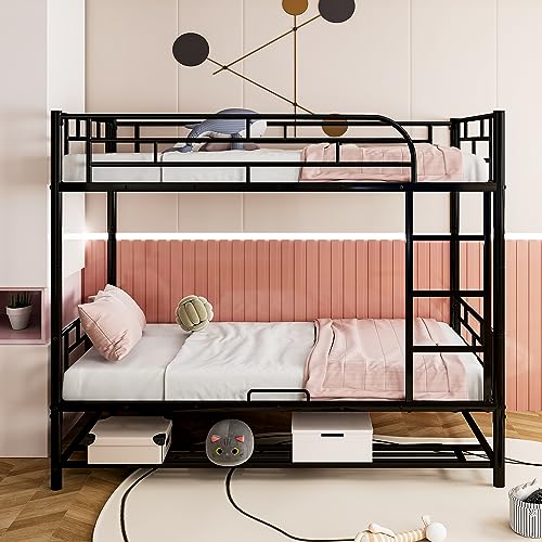 Merax Metal Twin Over Twin Bunk Bed with Shelf and Guardrails, Converted into Two Beds, Bunk Bed for Kids, Girls and Boys, No Box Spring Needed, Black