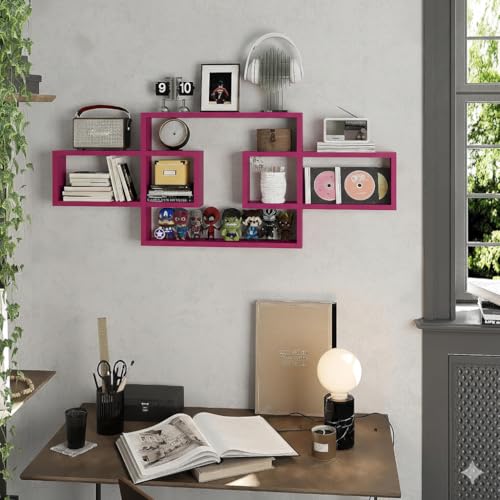 Image of Wooden Wall Shelves for Living Room, Bedroom Wall Mounted Rectangle Bookcase, Intersecting Wall Shelves for Storage Modern Decorative Display Shelves for Wall Decor (Pink)