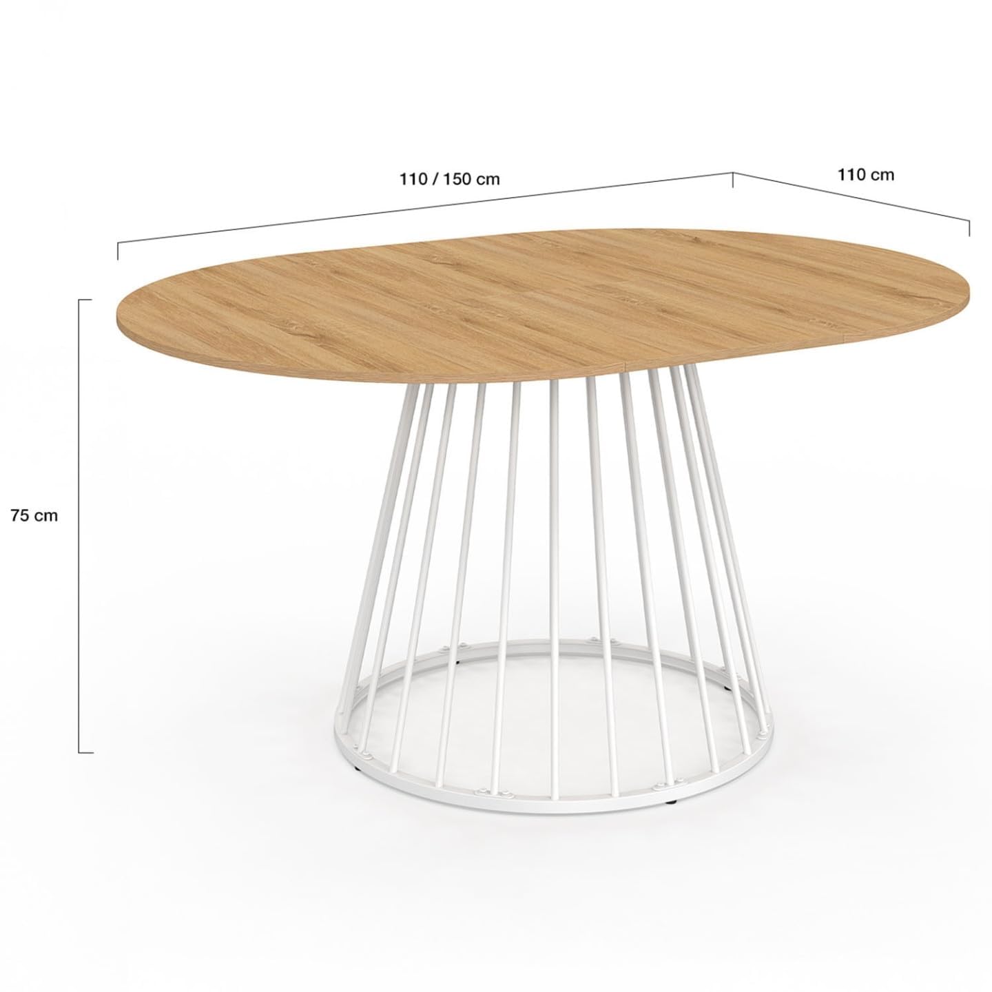 IDMarket Yuna – Mesa de comedor extensible redonda para 4-8 personas, bandeja de madera y pie con cable de metal, 110-150 cm, color blanco
