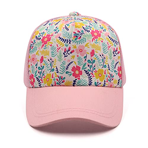 Girls Pony Hat Distressed High Ponytail Messy Bun Baseball Caps Kids Trucker Floral Sun Protection Hats Biking Cap(4-10years)2