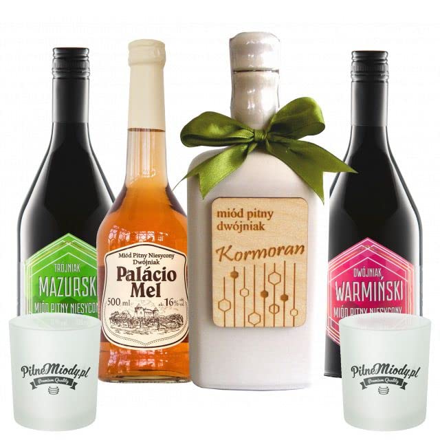 Set mit 4 Mazurskie Mets (Honigwein 3x Dwójniak-Halber/Trójniak-Drittel) mit 2 Bechern | 2400ml | 13-16% Alkohol Metwein | Polnische Produktion