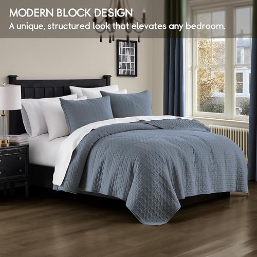 Image of palassio Blue Grey 100% Cotton Quilt Queen Size Bedding Sets with 2 Pillow Shams, Textured Lightweight Soft Bedspread Shabby Chic Coverlet, Quilted Comforter Bed Cover for All Season, 3 Pieces