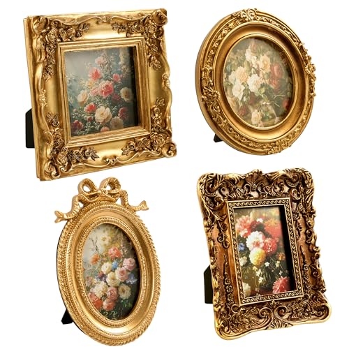 Set of 4 Gold Picture Frames Vintage Small Antique Picture Frames for Wall Hanging & Tabletop Display, Mini Ornate Gold Picture Frame for Home Art Decor (5.7x4.7, 5.5x5.5, 3.7x5.3, 6.3x6.3)