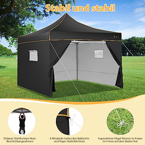 Image of HOTEEL 3x3 Folding Gazebo Waterproof Stable 3x3 with 4 Side Parts, UV Protection 50 + Folding Gazebo for Party, Camping, Beach, Black