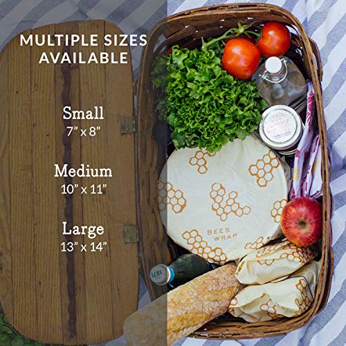 Bee’s Wrap – Assorted Set of 3 – Certified B Corporation – No Synthetic Wax or Chemicals – Holds for Up to a Year – Sustainable and Reusable Beeswax Food Wraps with Jojoba Oil – 3 Sizes (S, M, L)