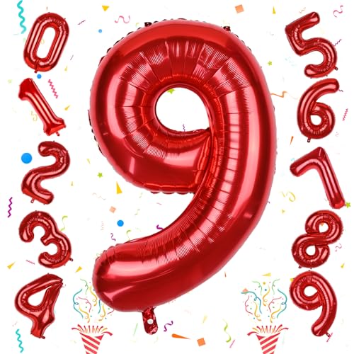 Image of 40 Inch Number 9 Balloons for Girls, Red Giant 9th Birthday Party Number Balloons 0-9 Set Decorations for Women Men Anniversary Celebration Graduation Party Decoration Supplies