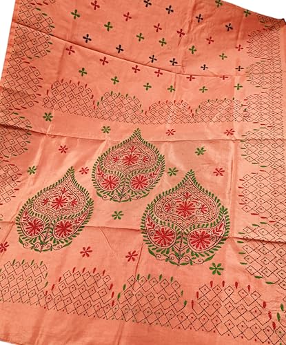 Image of Women's Hand Embroidered Cotton Silk Kantha Stitch Saree with Blouse Piece (J420724 COPPERD2)