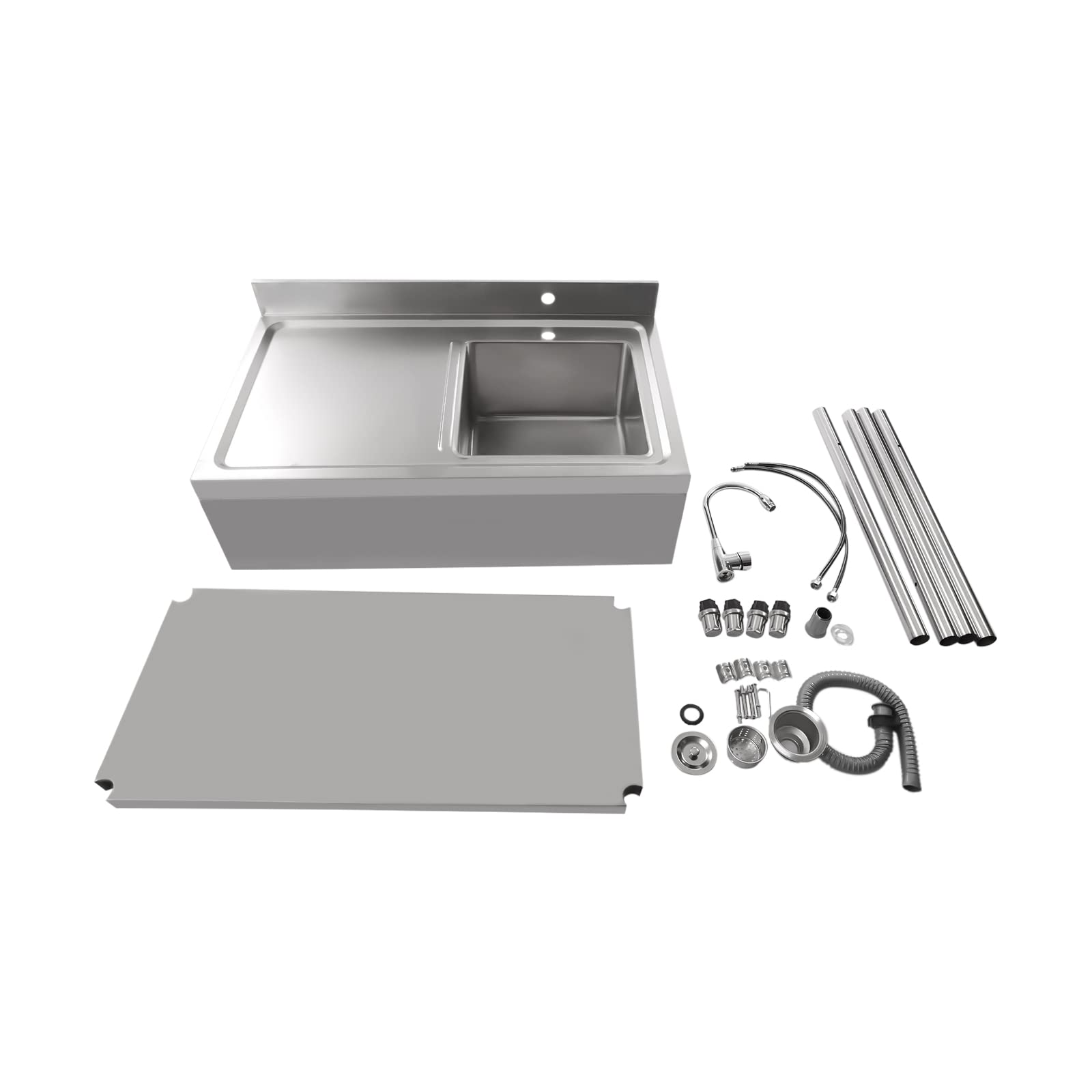 Fregadero profesional de acero inoxidable 100 x 60 x 80 cm con estante, fregadero independiente con cesta filtrante, capacidad de carga de 300 kg y grifo de 360°, para cocina, lavandería, garaje