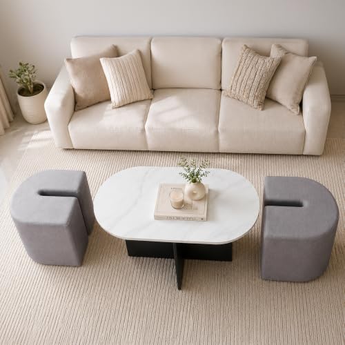 Image of The Attic Norwood Coffee Table, Coffee Table for Living Room, Coffee Table with 2 stools Solid Wood Centre Table with Ceramic Top, Black Finish