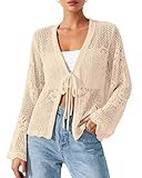 BTFBM Summer Cardigans for Women Lightweight 2026 Spring Crochet Mesh Long Sleeve Tie Front Knit Beach Vacation Outfits(Apricot, X-Large)