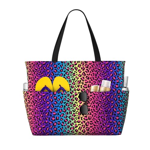 Large Beach Bags for Women Sandproof - Leopard Neon Rainbow Print Summer Work Travel Tote Bags with Zipper