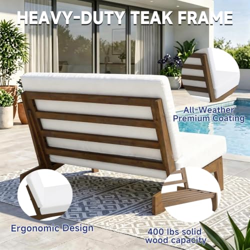 Image of Pia Ricoo Outdoor Loveseat Patio Furniture Sofa, Teak Wood Outdoor Furniture for Balcony, Deck, Poolside, Porch - Beige