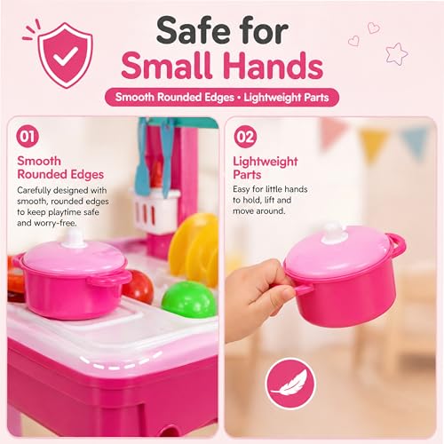 Image of Lifelong Big Kitchen Play Set for Kids 3-5 Years | Portable Suitcase Toy Kitchen | 28-Piece Pretend Cooking Accessories with Stove, Pots, Pans & Play Food | Plastic Playset for Girls (Pink, 39*20*12)