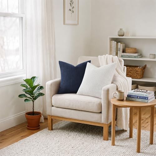 Image of Mecatny Corduroy Decorative Throw Pillow Covers 24x24 Set of 2 for Sofa Living Room, Soft Neutral Boho Couch Pillow Covers for Home Decor, Deep Blue