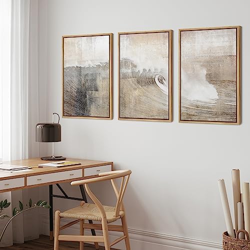 wall26 Framed Canvas Print Wall Art Set Gray & Tan Color Block Ocean Wave Overlay Nature Wilderness Digital Art Modern Art Rustic Scenic for Living Room, Bedroom, Office - 24"x36"x3 Natural - 3
