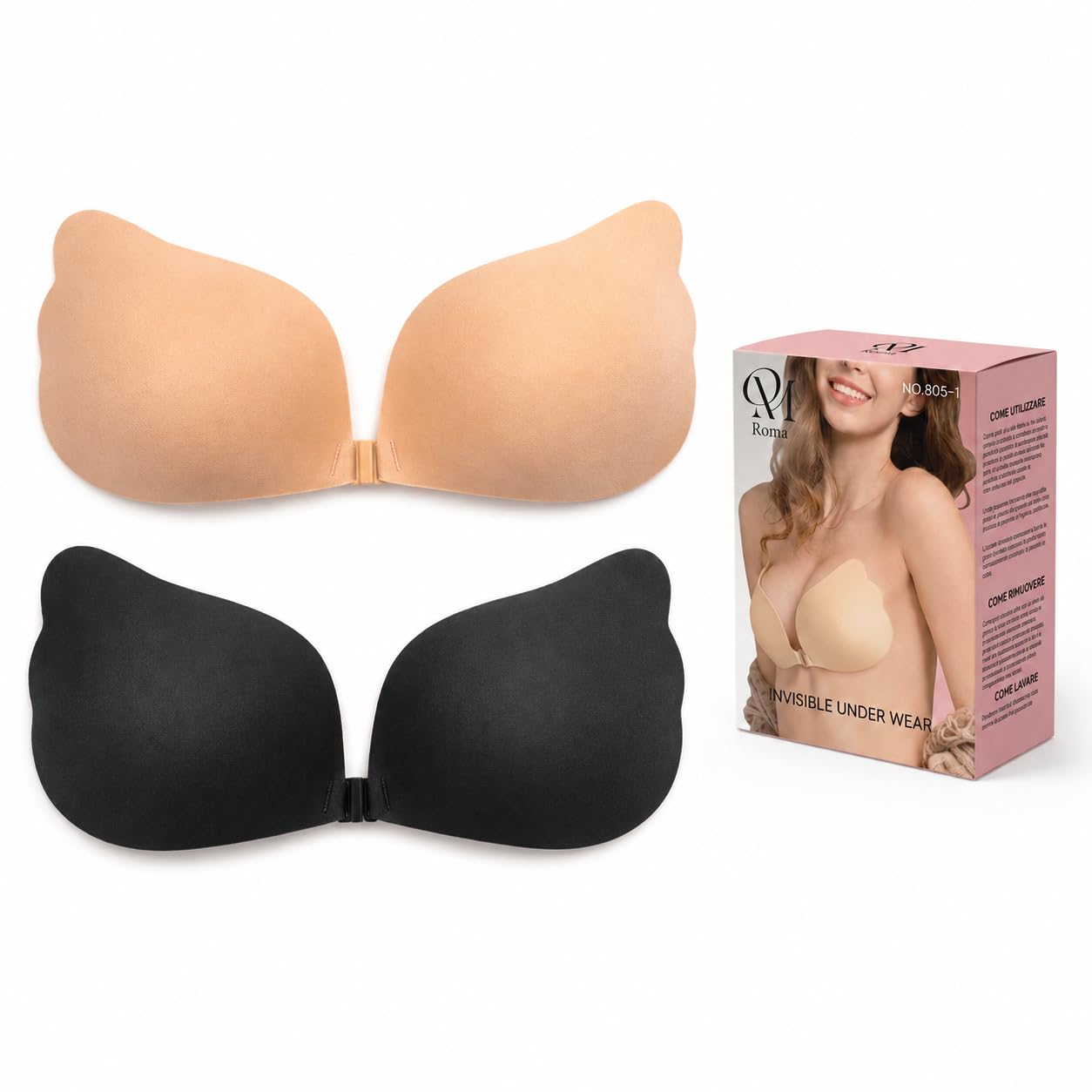 QM Reggiseno Adesivo Invisibile Push Up Riutilizzabile per Schiena Scoperta | Coppe adesive in silicone, invisibili e senza spalline, effetto push up. Riutilizzabili per abiti con schiena scoperta.