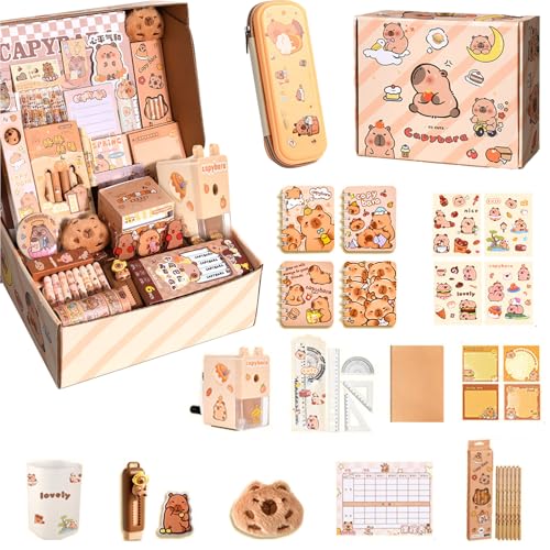 Flanliy Capybara Schreibwaren Set |Capybara Sachen Federmäppchen Aesthetic Groß Mit Bleistifte Aufkleber Bleistiftspitzer Süßes Schreibwaren Geschenkset für Kinder (A)