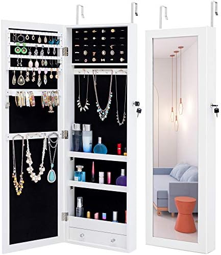 HOUAGI Mirror with Jewelry Storage,Over the Door Jewelry Armoire Organizer, Lockable Hanging/Wall Mount Jewelry Cabinet with Full Length Mirror
