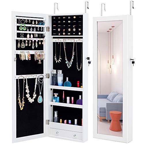 Jewelry Armoires with Full Length Mirror Lockable,Fashion Simple Jewelry Storage Mirror Cabinet Can Be Hung On The Door Or Wall for Bedroom Bathroom (Brown) (White)