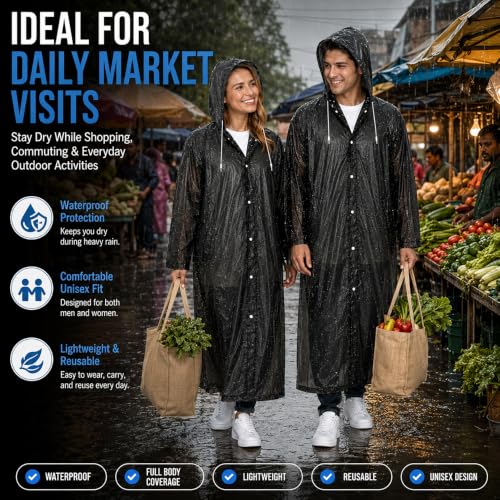 Image of OTOROYS Waterproof Long Rain Coat with Hood for Men, Women, Boys & Girls | Universal Full Length Reusable PVC Raincoat | Lightweight Portable Rain Ware for Bike Riding, Travel & Outdoor, Black